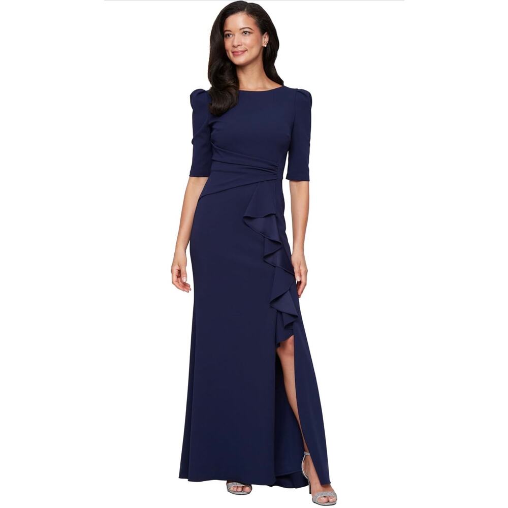 NWT Alex Evenings Stretch Crepe Dress Puff Shoulder Elbow Sleeves, Tucked Waist